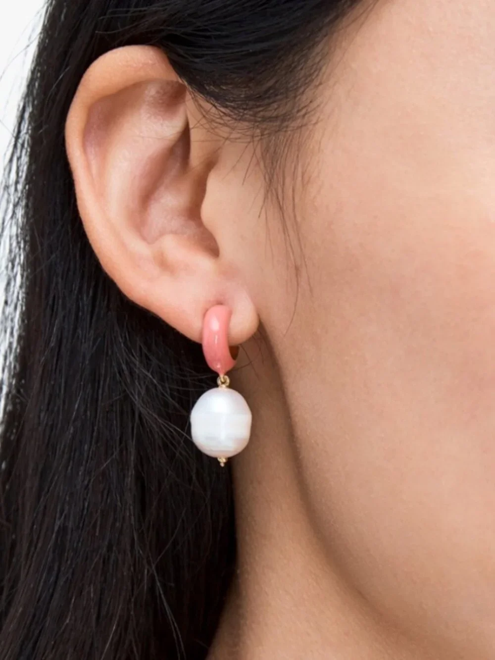 Kate Spade Pink Enamel Huggie Hoop Faux Baroque Pearl Drop Earrings